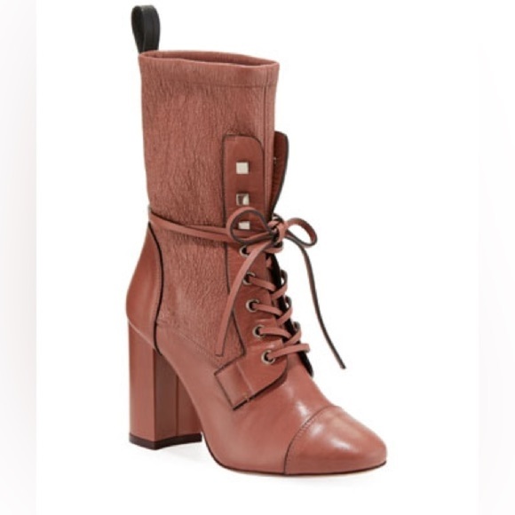 Stuart Weitzman || Veruka Leather Combat Sock Bootie Heeled Mauve Pink 9.5 - Picture 11 of 11